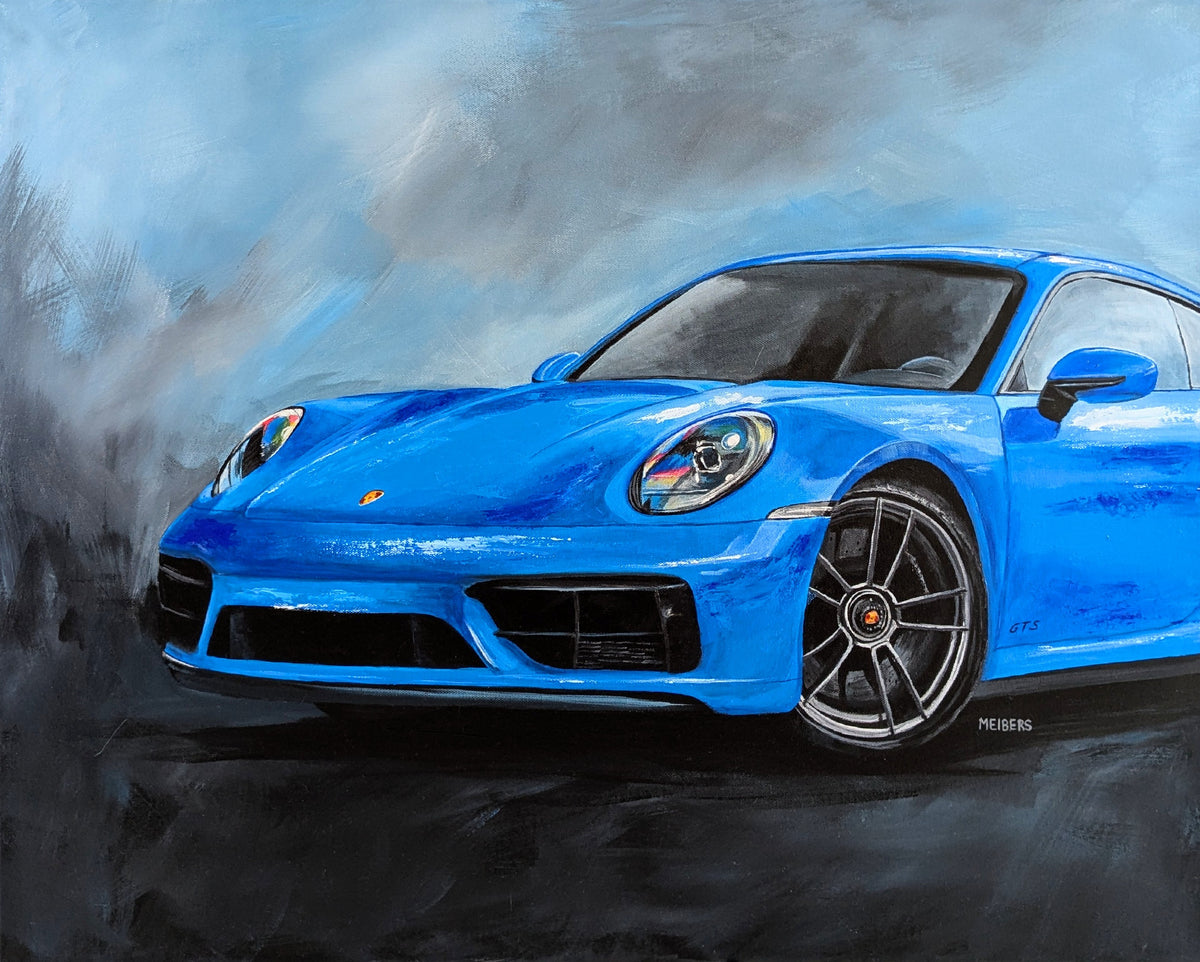 Modern Blue Porsche 911 GTS Fine Art Painting - Car Painting - Original Acrylic on Canvas - 20x24 Inches