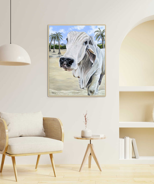 Alfonzo at the Beach - Brahman Cow Painting - Original Oil on Canvas - 24x30 Inches