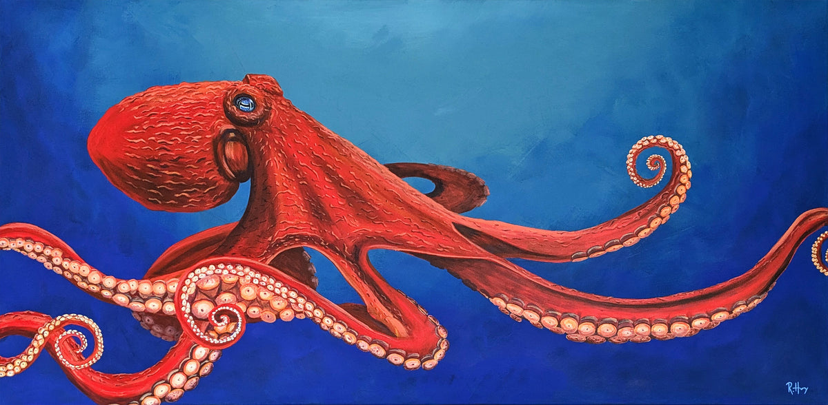 Proteus - Giant Pacific Octopus Painting - Original Acrylic on Canvas - 24x48 Inches