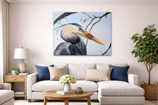 Sentinel of the Marsh - Great Blue Heron Painting - Original Oil on Canvas - 36x48 Inches