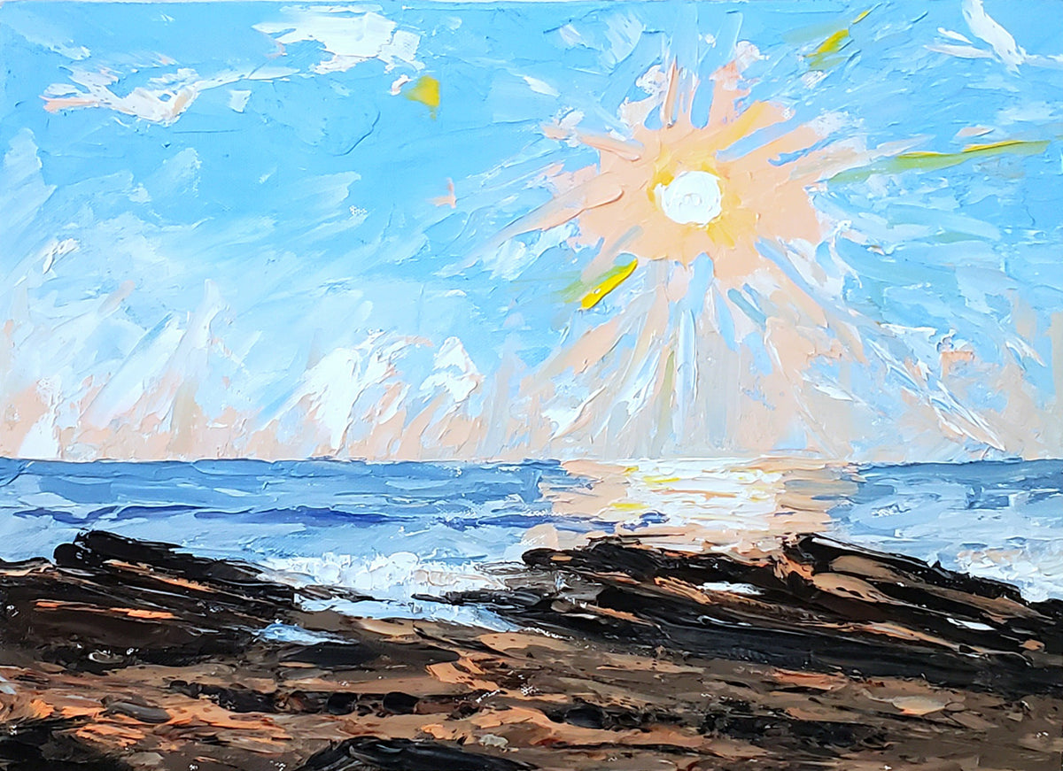 Sunset on the Rocks - Beach Landscape Painting - Original Oil on Canvas - 12x18 Inches