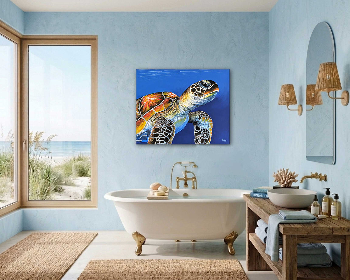 Wave Rider - Green Sea Turtle Painting - Original Acrylic on Canvas - 24x30 Inches