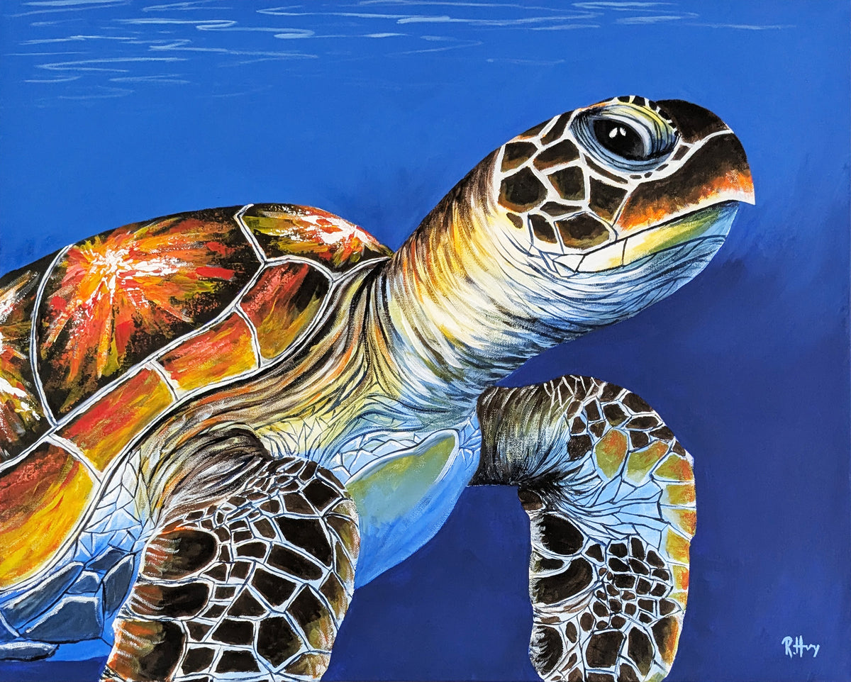 Wave Rider - Green Sea Turtle Painting - Original Acrylic on Canvas - 24x30 Inches